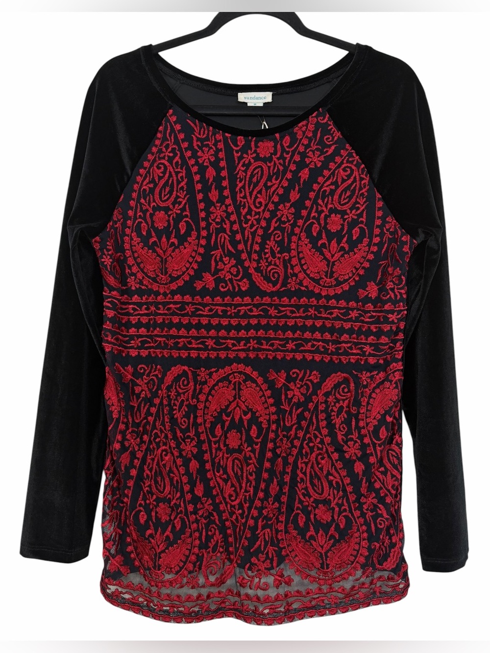 Sundance Enchantress Velvet Top Black Red Embroidered Mesh NWT Size Medium